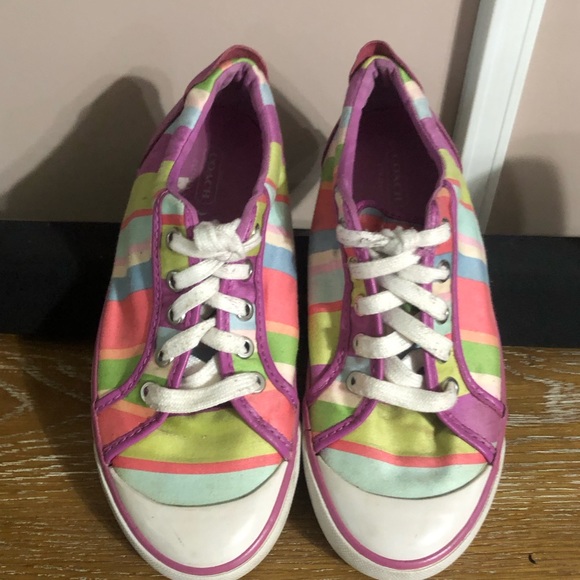 Coach Barrett Fun Rainbow Multi Colored Ladies Low Top Striped Size 6.5 - Picture 2 of 9